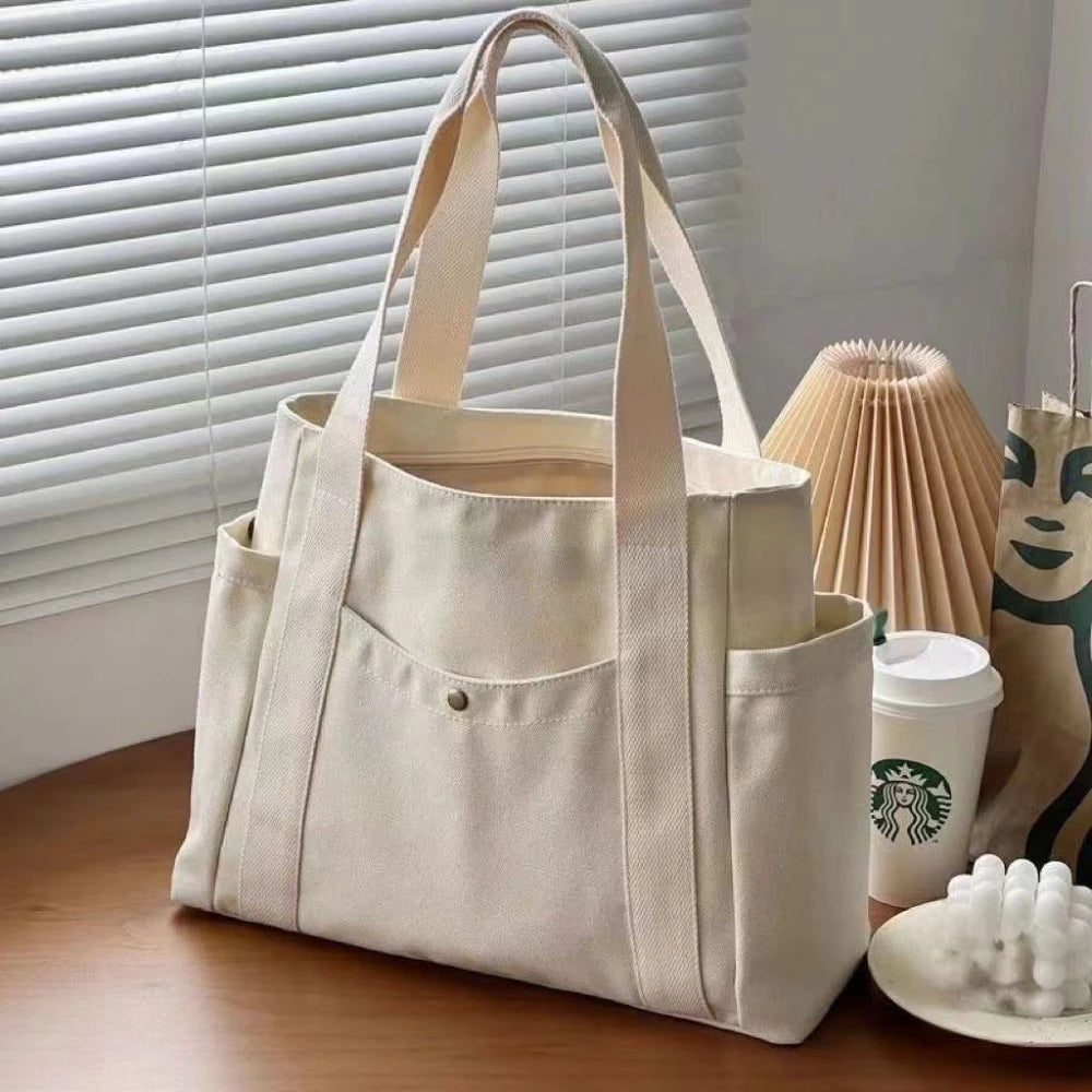 Large Capacity Canvas Tote Bag – Zip-Up Shoulder Bag for Work, Study & Shopping