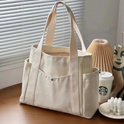 Large Capacity Canvas Tote Bag – Zip-Up Shoulder Bag for Work, Study & Shopping