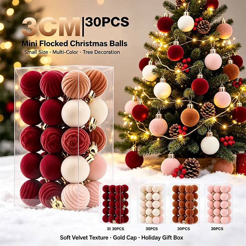 30-Pack Flocked Velvet Christmas Baubles – 3cm Mini Christmas Tree Hanging Ornaments