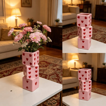 Pink Ceramic Stacked Dice Vase with Heart Details