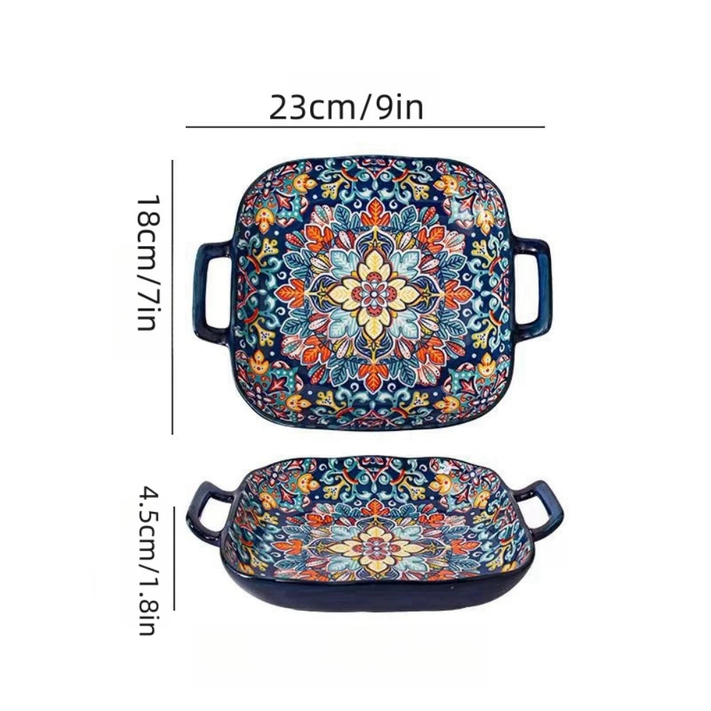 9-Inch Bohemian Ceramic Pasta & Salad Dish – Double Handle Oven & Microwave Safe Plate