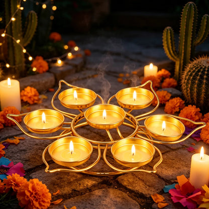 Gold Flower-Shaped 7-Cup Tealight Candle Holder – Metal Diya Stand for Diwali, Navratri & Pooja