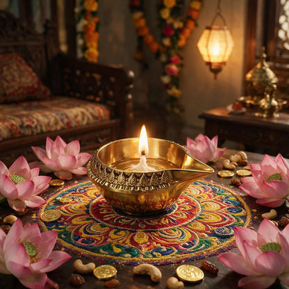Gold Diya Oil Lamp – Indian Deepak with Decorative Leaf Motif
