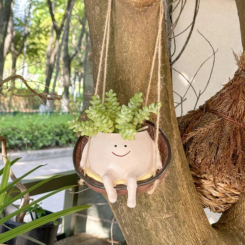 Happy Face Swing Planter – Whimsical Hanging Resin Succulent Pot