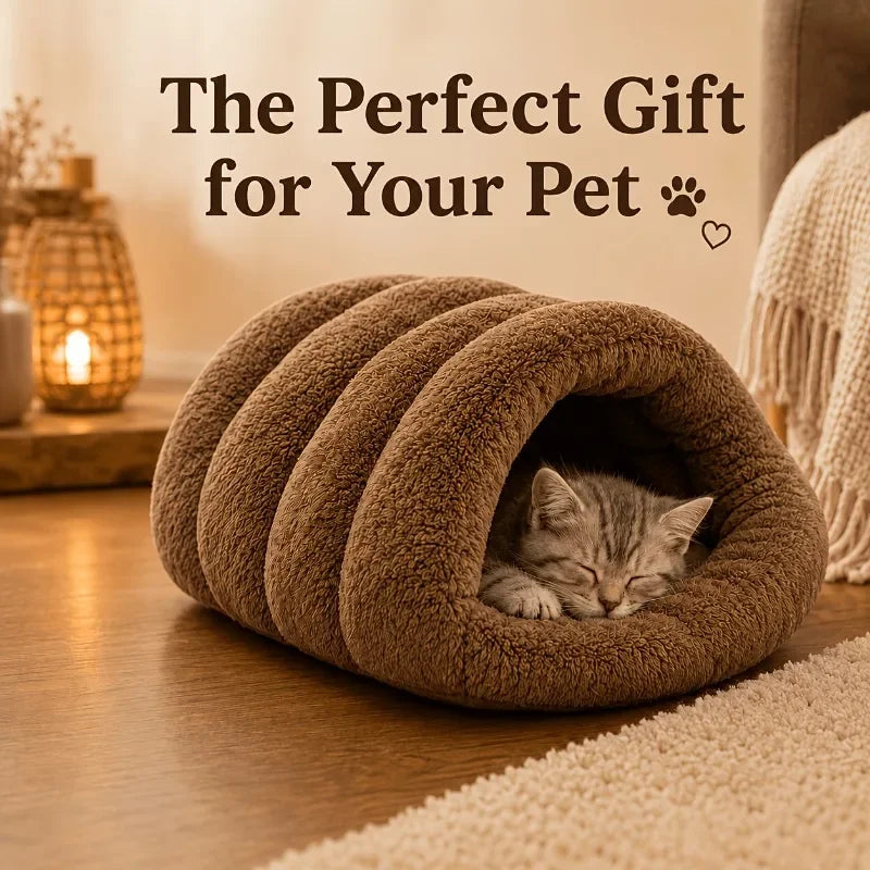 Soft Plush Cat Cave Bed – Warm Semi-Enclosed Sleeping Bed for Cats & Small Dogs