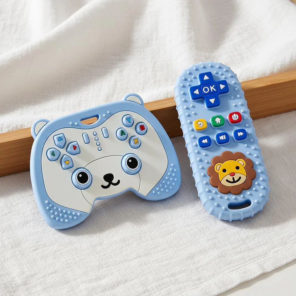 2-Piece Silicone Baby Teether Set – Bear Game Controller & Lion Remote