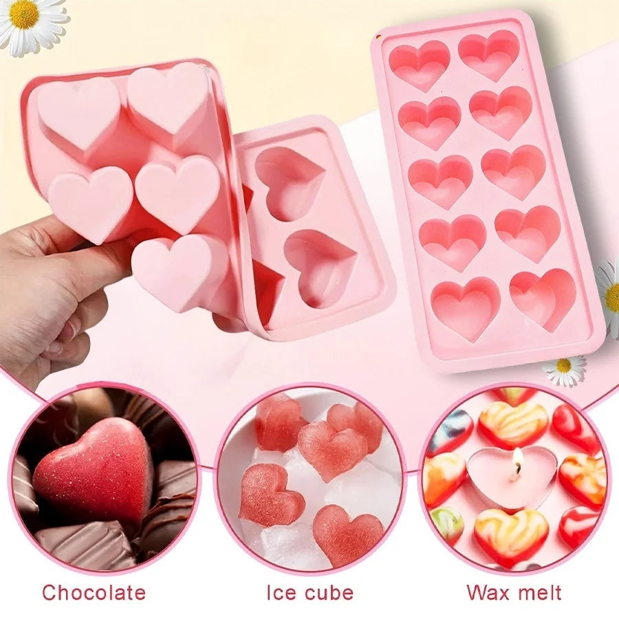 10-Cavity Heart-Shaped Silicone Mould – Ice, Chocolate, Jelly & Dessert Tray