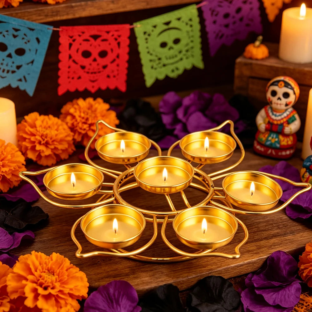 Gold Flower-Shaped 7-Cup Tealight Candle Holder – Metal Diya Stand for Diwali, Navratri & Pooja