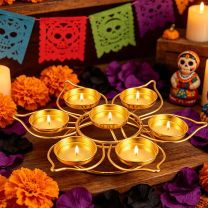 Gold Flower-Shaped 7-Cup Tealight Candle Holder – Metal Diya Stand for Diwali, Navratri & Pooja