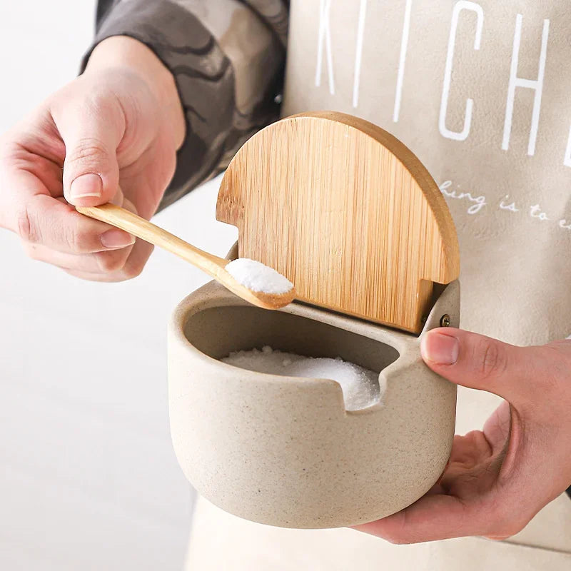 Japanese Style Ceramic Seasoning Jar Set – Bamboo Lid Spice Container with Spoon