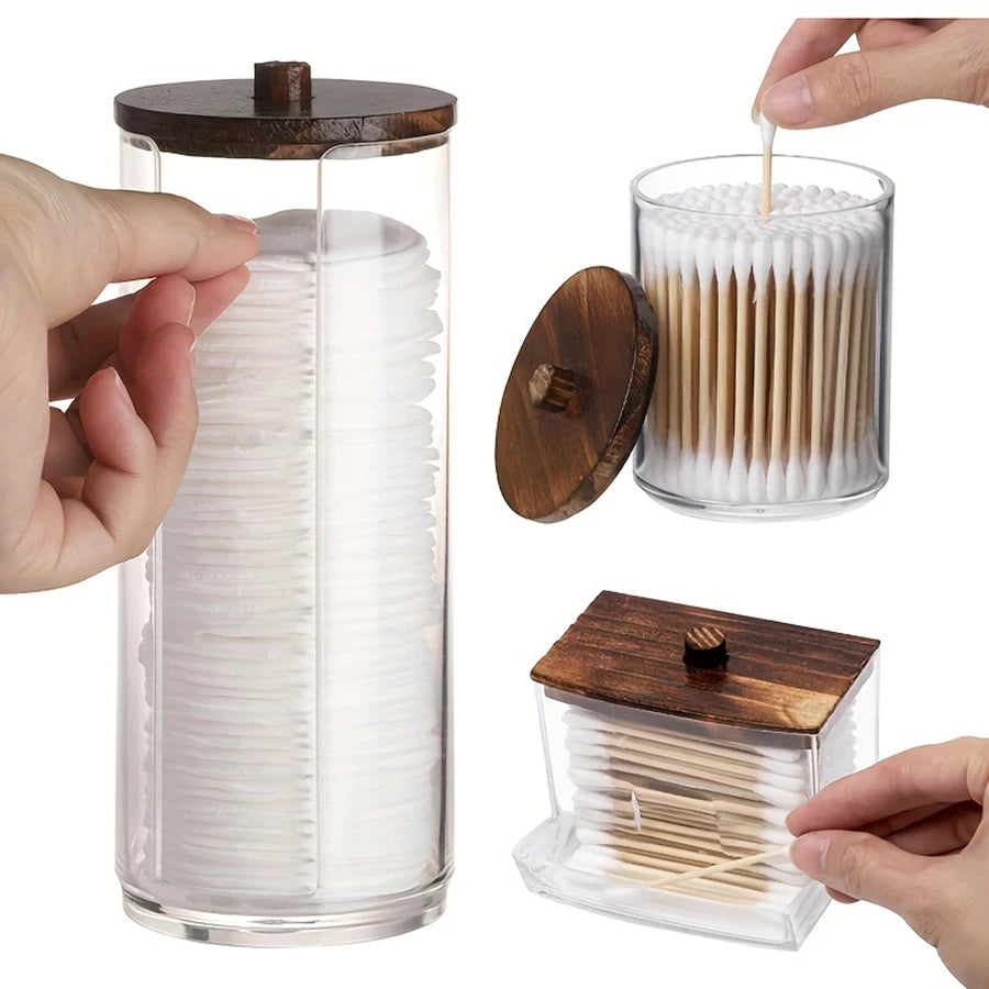 Clear Bathroom Storage Organiser with Wooden Lid – Cotton Swab, Cotton Ball & Makeup Pad Holders (1 or 3 Pack)
