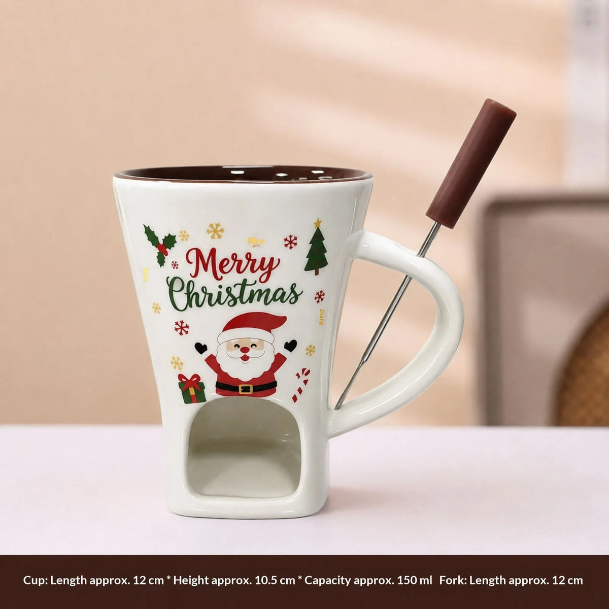 150ml Christmas Ceramic Chocolate Fondue Mug Set with Fork – Mini Melting Pot for Chocolate & Cheese