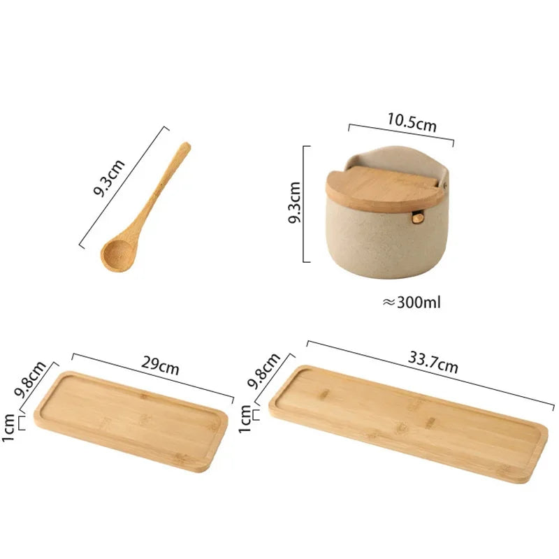 Japanese Style Ceramic Seasoning Jar Set – Bamboo Lid Spice Container with Spoon
