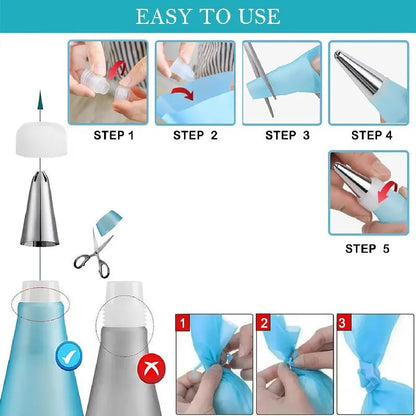 Reusable Silicone Piping Bags & Stainless Steel Nozzle Set – Cake Decorating Kit