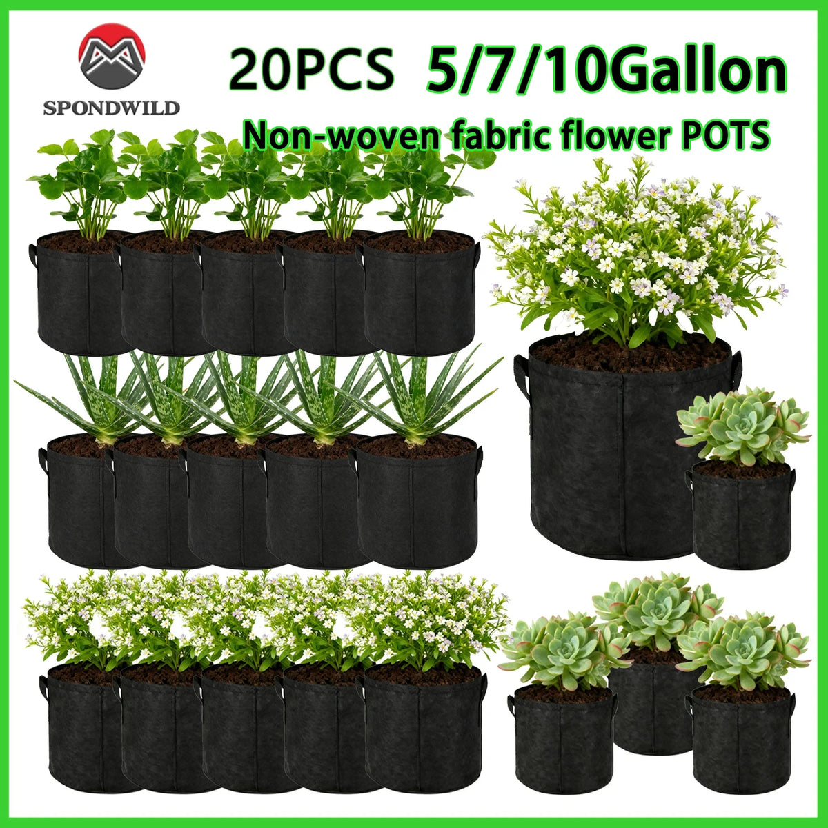 5 & 10 Gallon Fabric Grow Bags with Handles – Breathable Planting Pots