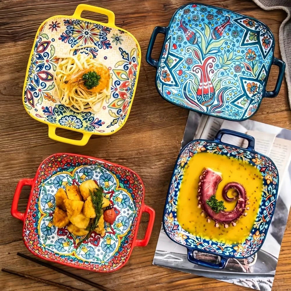 9-Inch Bohemian Ceramic Pasta & Salad Dish – Double Handle Oven & Microwave Safe Plate