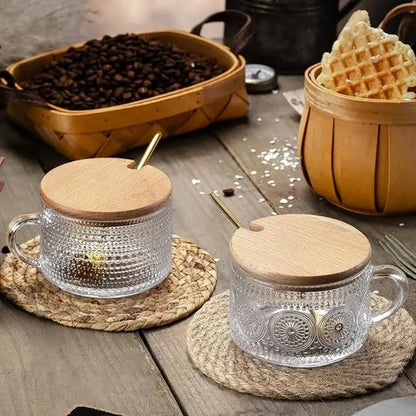 Vintage Glass Coffee Mug with Wooden Lid & Spoon – 450ml Breakfast Cup