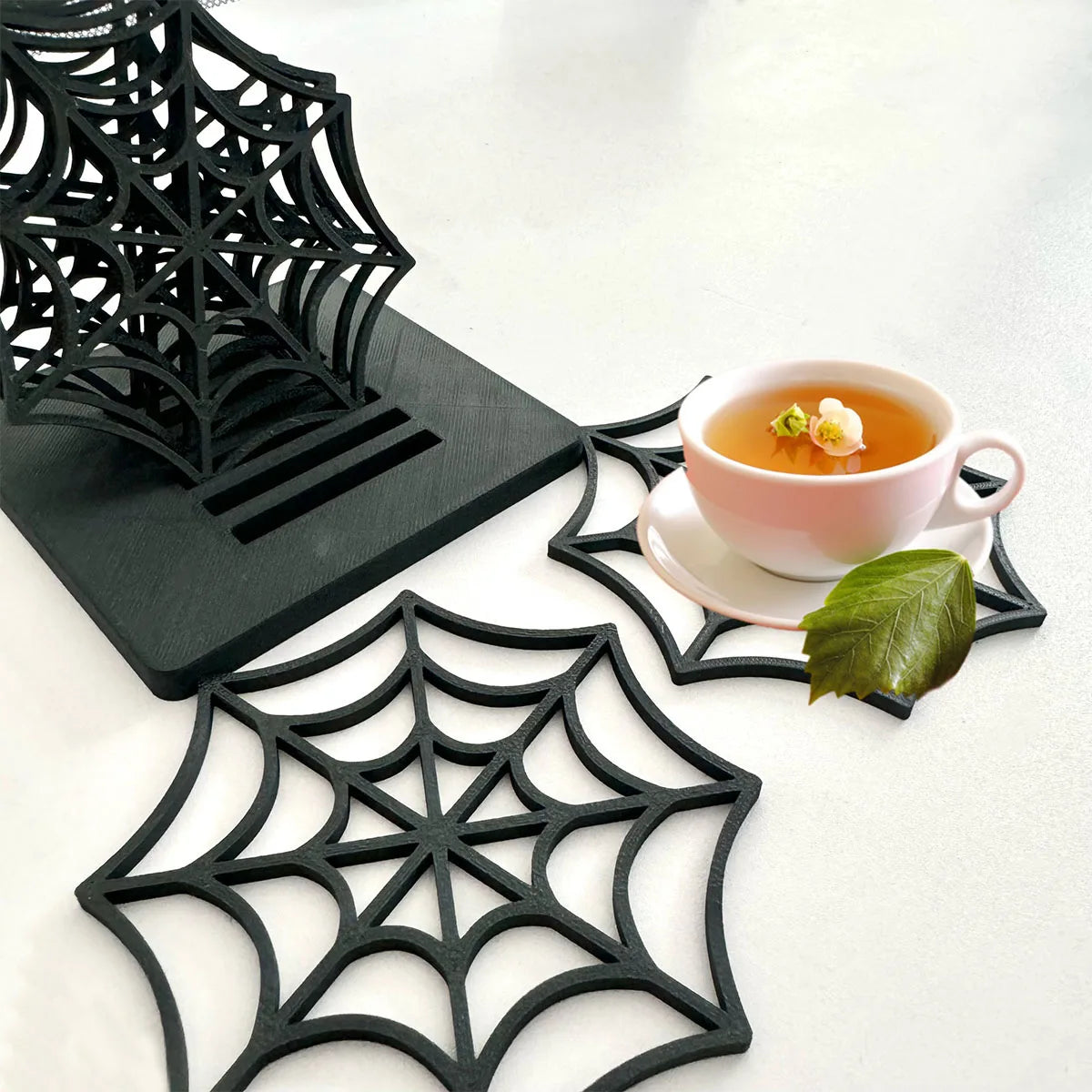 6-Piece Halloween Spider Web Coaster Set with Holder – 10cm