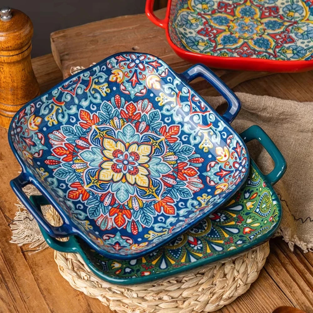 9-Inch Bohemian Ceramic Pasta & Salad Dish – Double Handle Oven & Microwave Safe Plate
