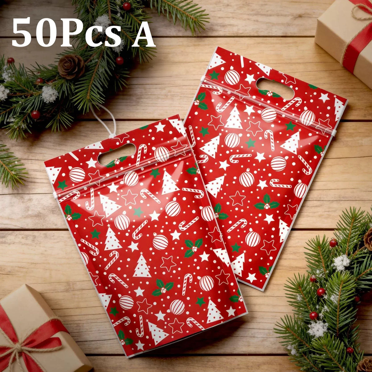 50-Pack Resealable Christmas Gift Bags – Santa Zip Lock Treat Bags with Handles