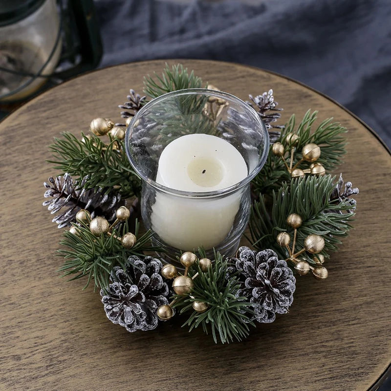 Christmas Candle Wreath Holder – Artificial Pine Branches, Red Berries & Pine Cones, 20cm
