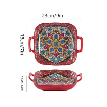 9-Inch Bohemian Ceramic Pasta & Salad Dish – Double Handle Oven & Microwave Safe Plate