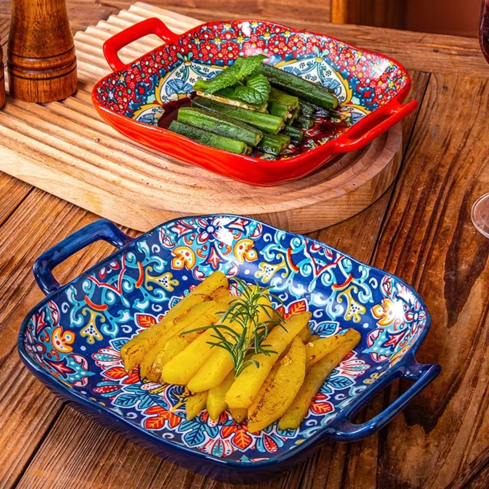 9-Inch Bohemian Ceramic Pasta & Salad Dish – Double Handle Oven & Microwave Safe Plate