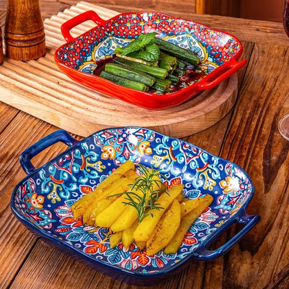 9-Inch Bohemian Ceramic Pasta & Salad Dish – Double Handle Oven & Microwave Safe Plate