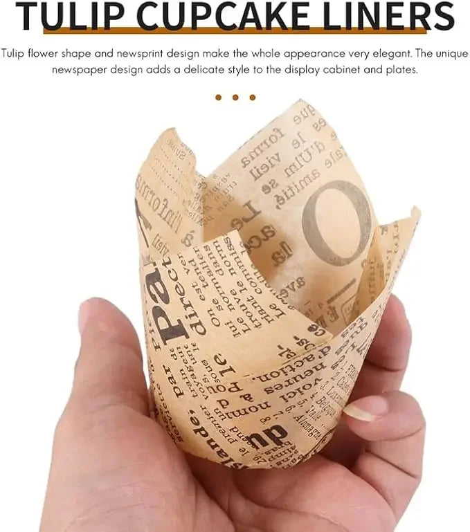 50-Pack Newspaper Print Tulip Cupcake Liners – Greaseproof Baking Cups