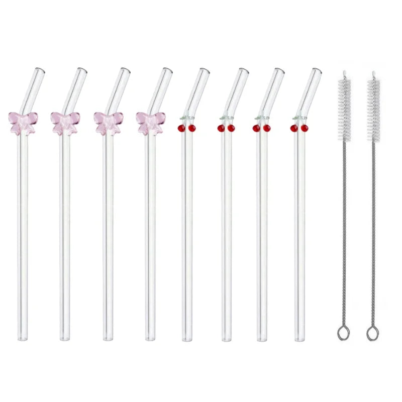 Cute Glass Drinking Straw – Reusable Cherry & Bow Design