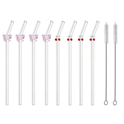 Cute Glass Drinking Straw – Reusable Cherry & Bow Design