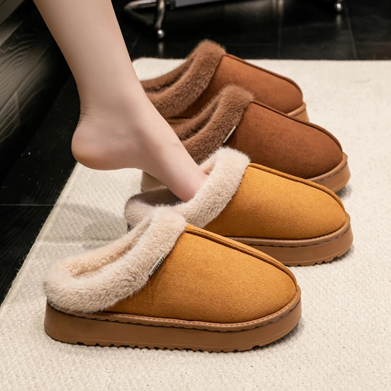 Fluffy Winter Slippers – Warm Faux Suede Indoor Slides with Thick EVA Sole
