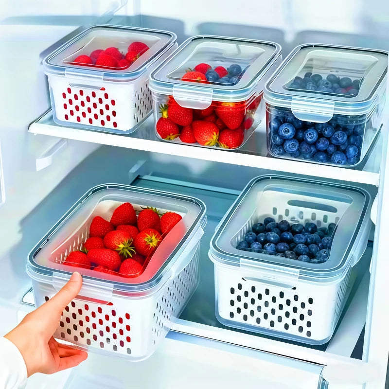 6-Piece Fruit & Vegetable Storage Container Set with Removable Colanders – Airtight Fridge Organisers