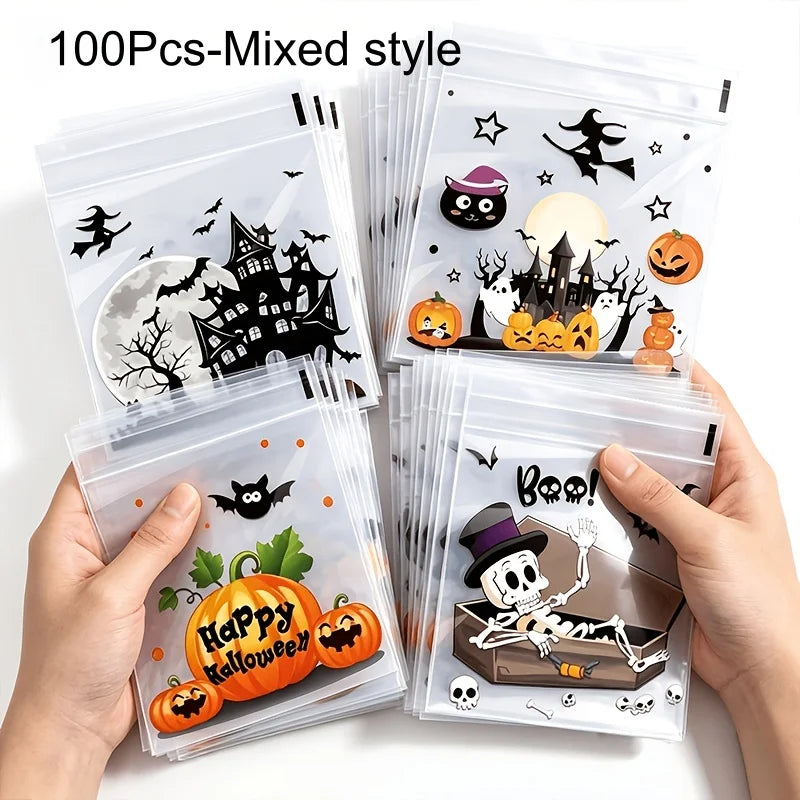 100-Pack Halloween Treat Bags – Clear Self-Adhesive Candy & Cookie Bags