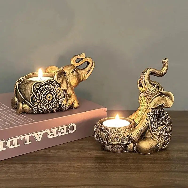 Decorative Elephant Tealight Candle Holder – Gold Resin Lucky Elephant Ornament