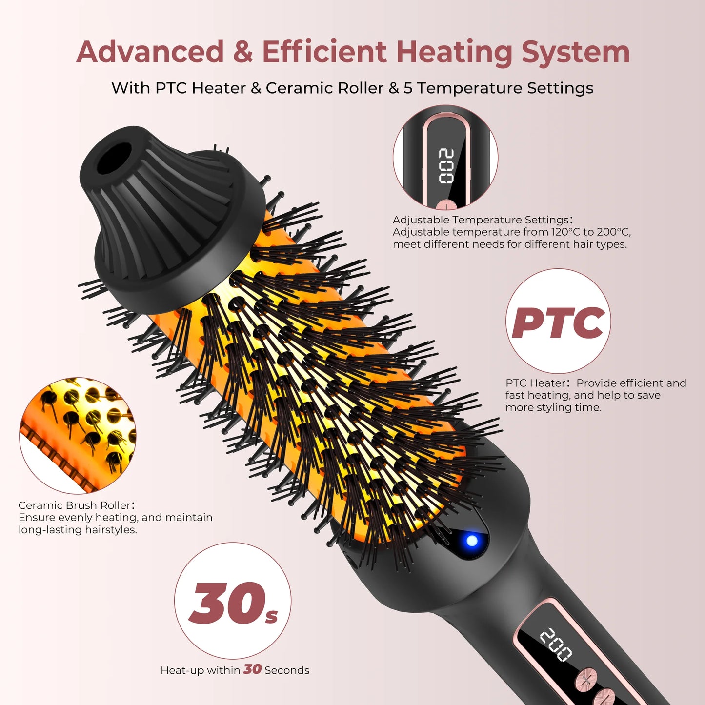 3-in-1 Ceramic Thermal Curling Brush – Ionic Heated Styling Brush for Curls, Volume & Smooth Hair