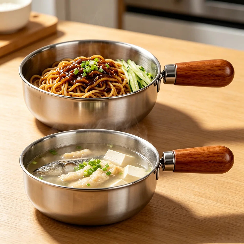 Stainless Steel Milk Pot with Wooden Handle – Induction Compatible Saucepan