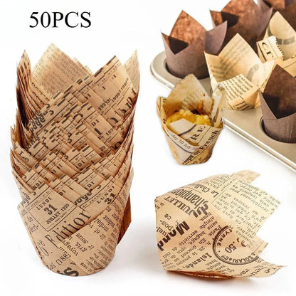 50-Pack Newspaper Print Tulip Cupcake Liners – Greaseproof Baking Cups