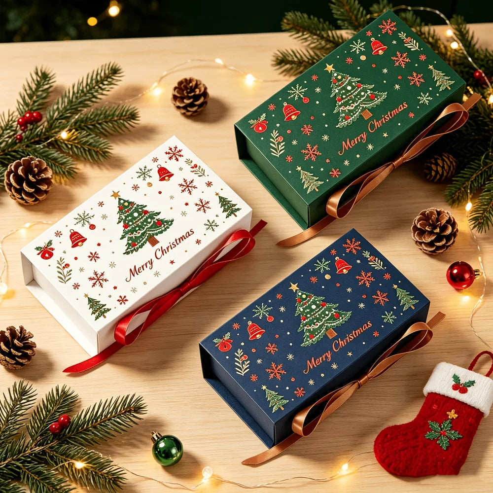10-Pack Christmas Gift Boxes with Ribbon – Festive Tree & Snowflake Design