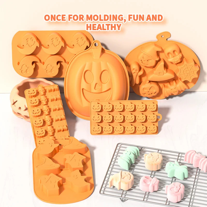 Halloween Silicone Baking Mould – Pumpkin, Ghost, Bat, Skeleton & Witch Hat Shapes