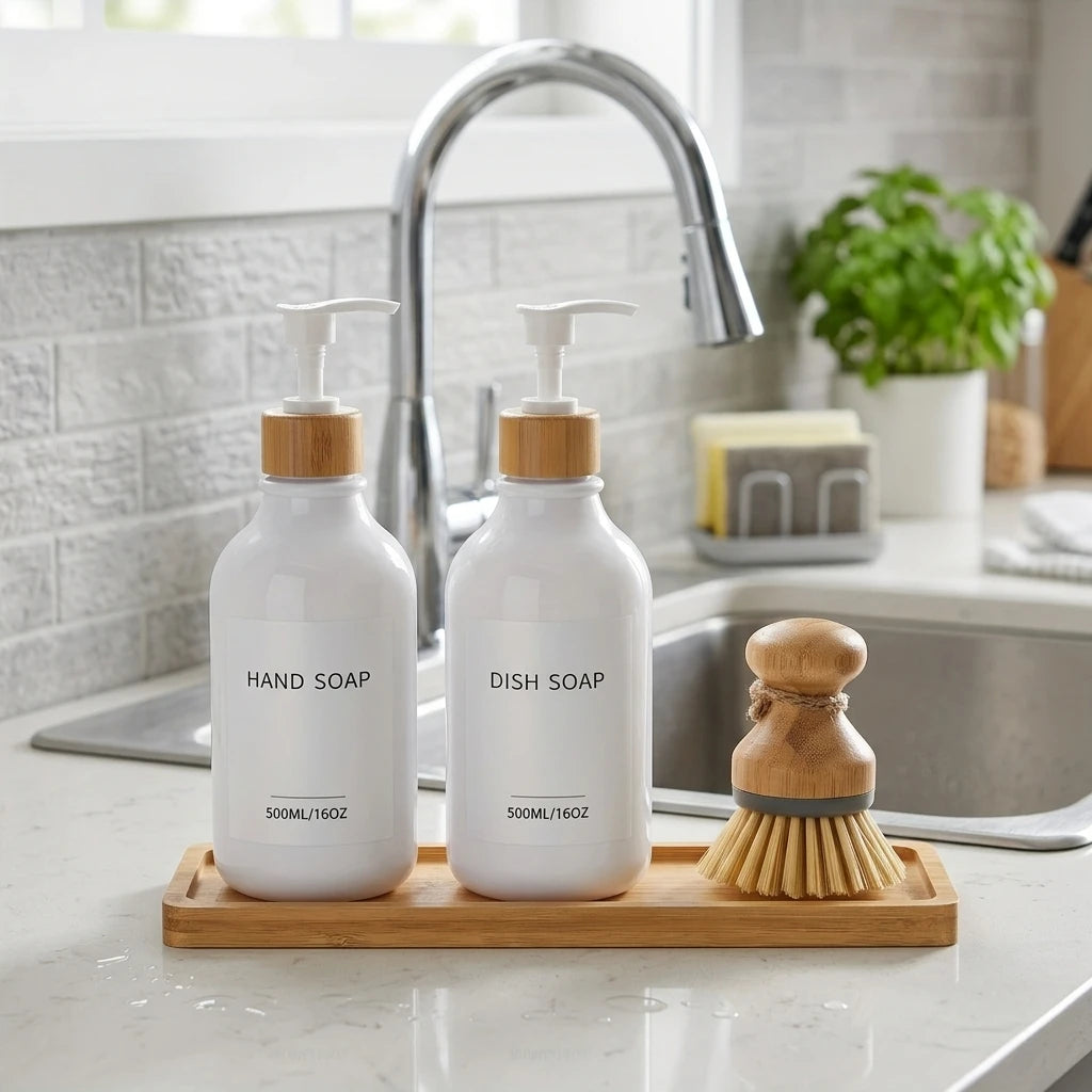 Kitchen Soap Dispenser Set with Bamboo Tray & Dish Brush – 3-Piece Sink Organiser