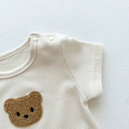 Baby Waffle Cotton Romper & Bear Ear Hat Set – Short Sleeve Outfit (0–24 Months)
