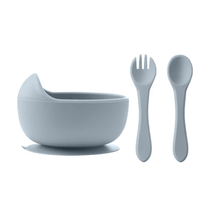 3-Piece Silicone Baby Suction Bowl Set – Bowl, Wooden Spoon & Fork