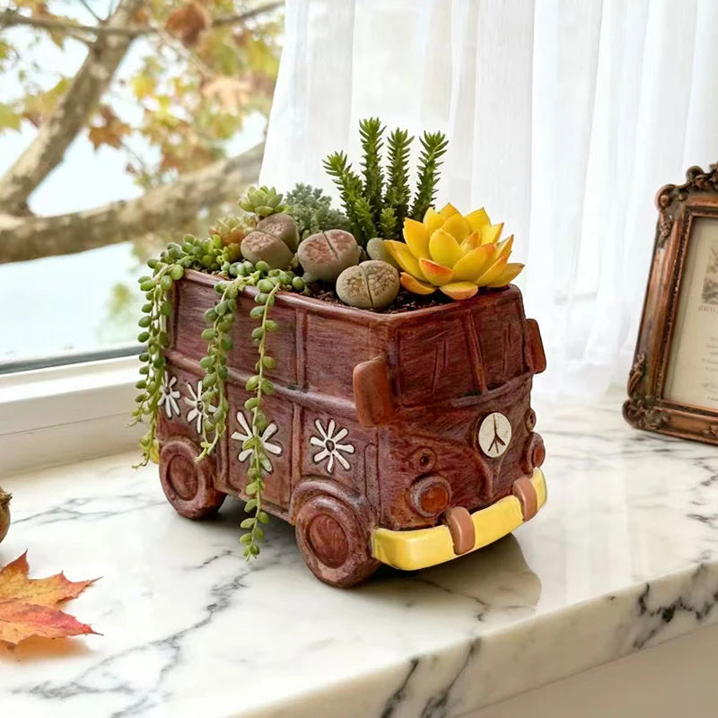 Vintage Bus Planter – Decorative Car Flower Pot for Succulents & Small Plants