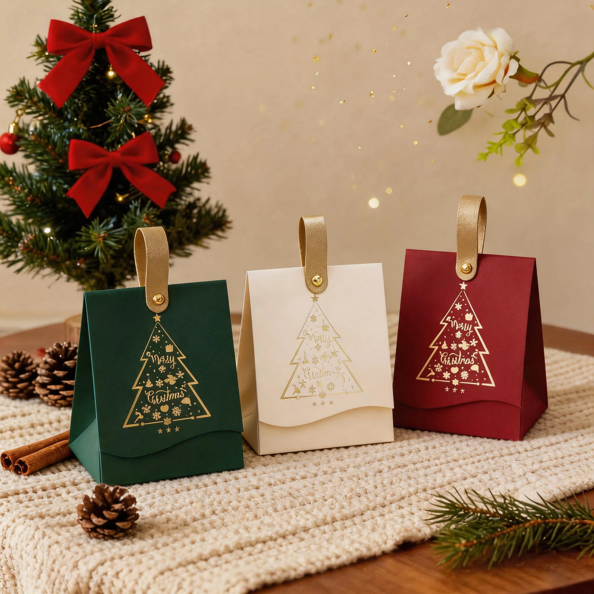 12-Pack Christmas Gift Boxes with Gold Handles – Festive Christmas Tree Gift Packaging