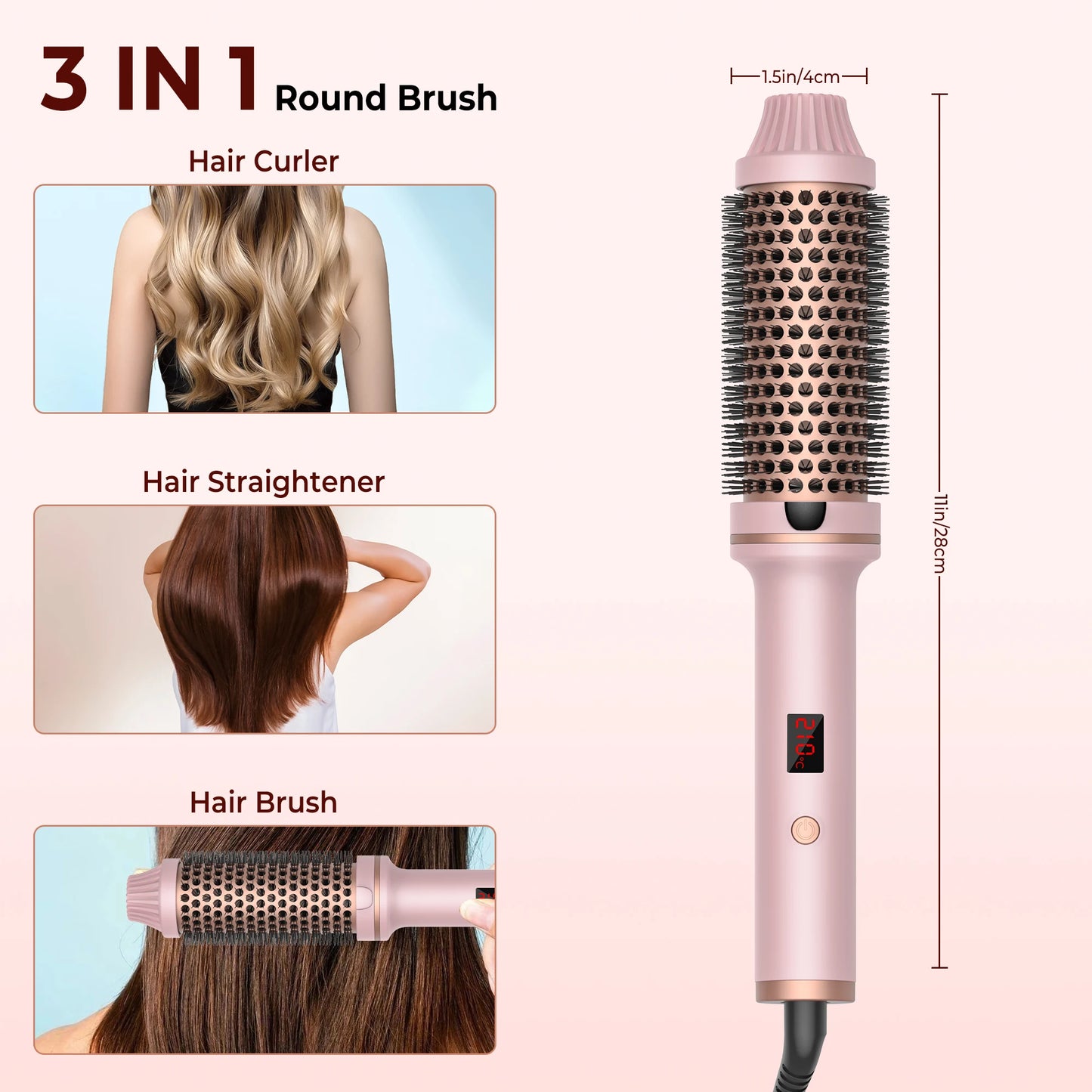 Ceramic Heated Thermal Brush – Volumising Hot Brush for Loose Curls & Smooth Styling