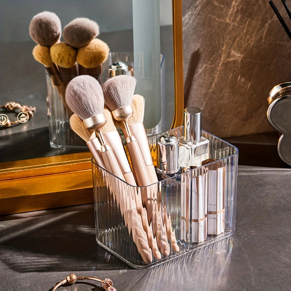 Clear Acrylic Makeup Organiser with Lid – Ribbed Cotton Swab & Cosmetic Storage Box