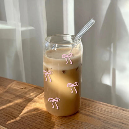 Pink Bow Glass Tumbler with Lid & Straw – 500ml Cute Iced Coffee Cup