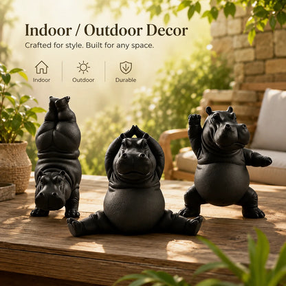3-Piece Hippo Yoga Sculpture Set – Cute Black Animal Desk & Home Décor