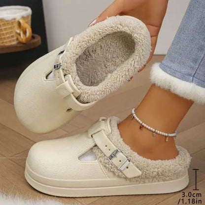 Women's Waterproof EVA Furry Mules – Plush Winter Slip-On Slippers with Platform Sole